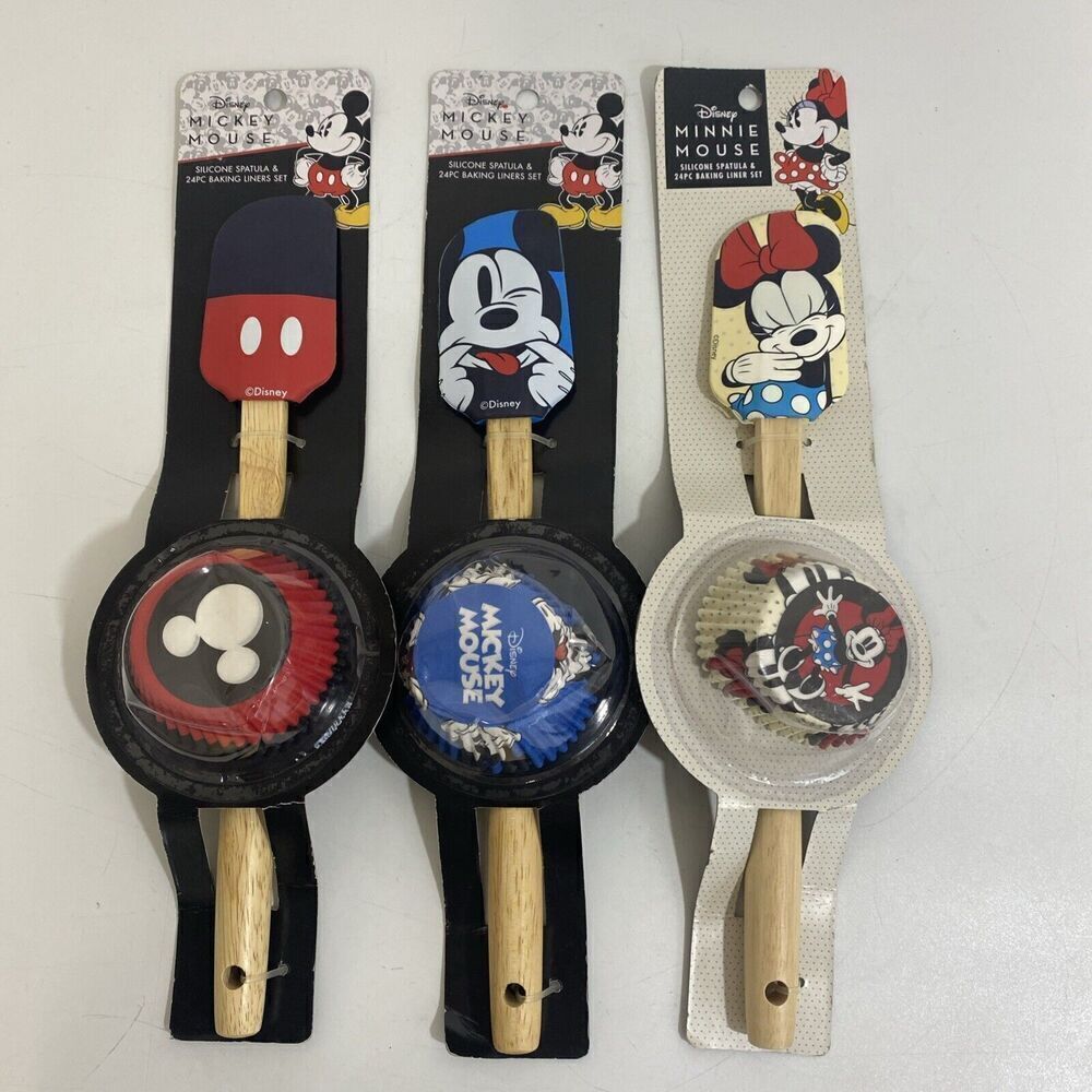 Lot (3) Mickey Minnie Mouse Silicone Baking Spatulas & 24pc Cupcake Liners Sets